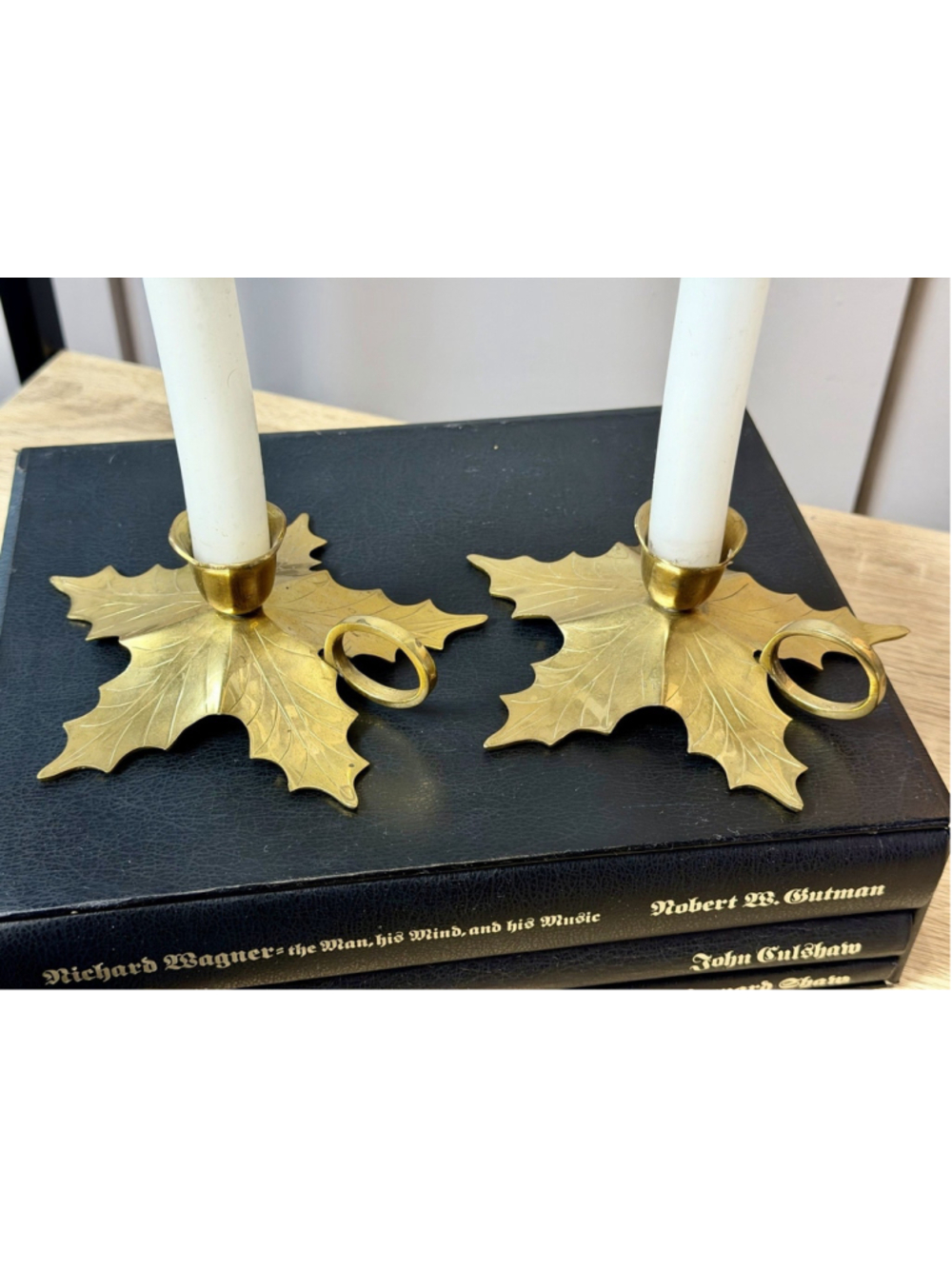 Pair of Vintage 1950s Solid Brass Poinsettia Candlestick Holders for Christmas